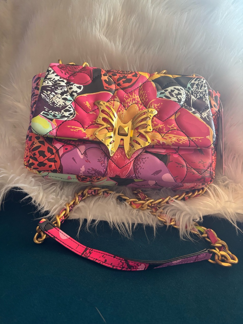 Quilted Floral Crossbody Bag with Gold Butterfly Clasp in Pink Multicolor